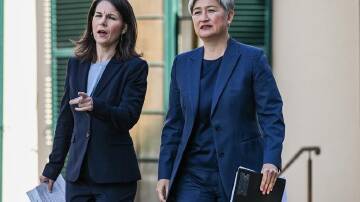 Annalena Baerbock and Penny Wong discussed violence in the Middle East during talks in Adelaide. (Michael Errey/AAP PHOTOS)